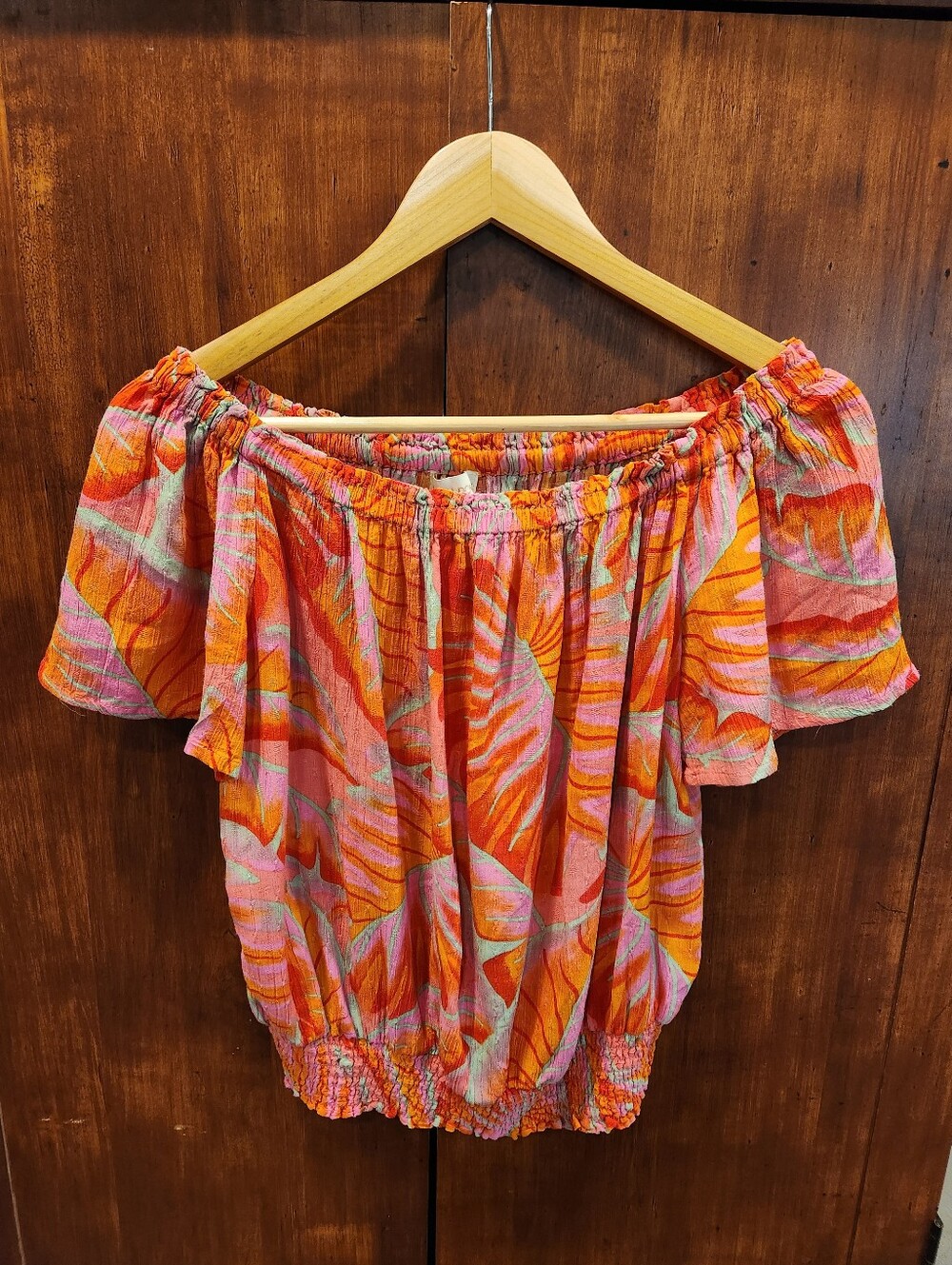 Cynthia Rowley Tropical Bright Print Shirt With Smocked Waist Sz M Beachy